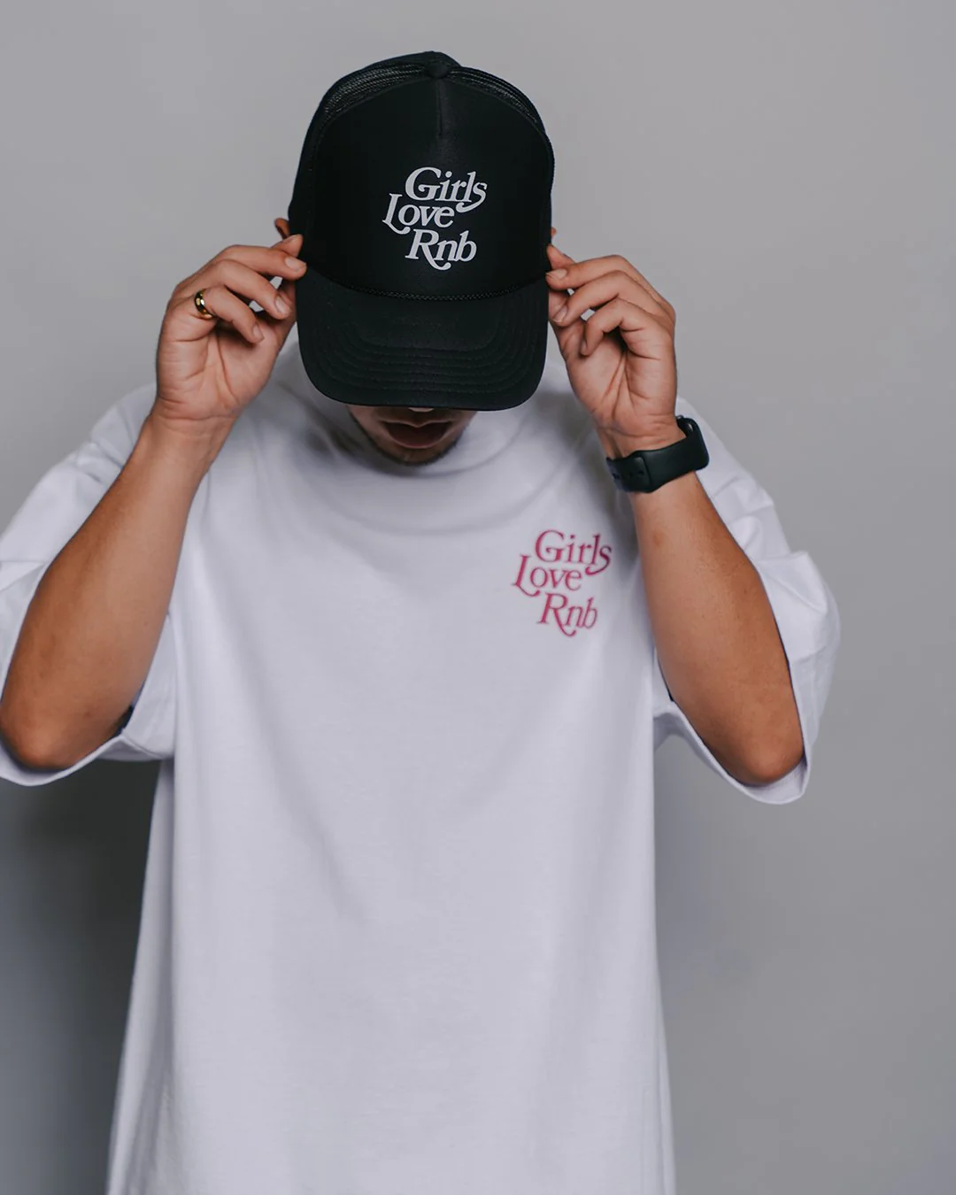 Girls Love RnB Black 5 Panel Trucker Hat - Image 3
