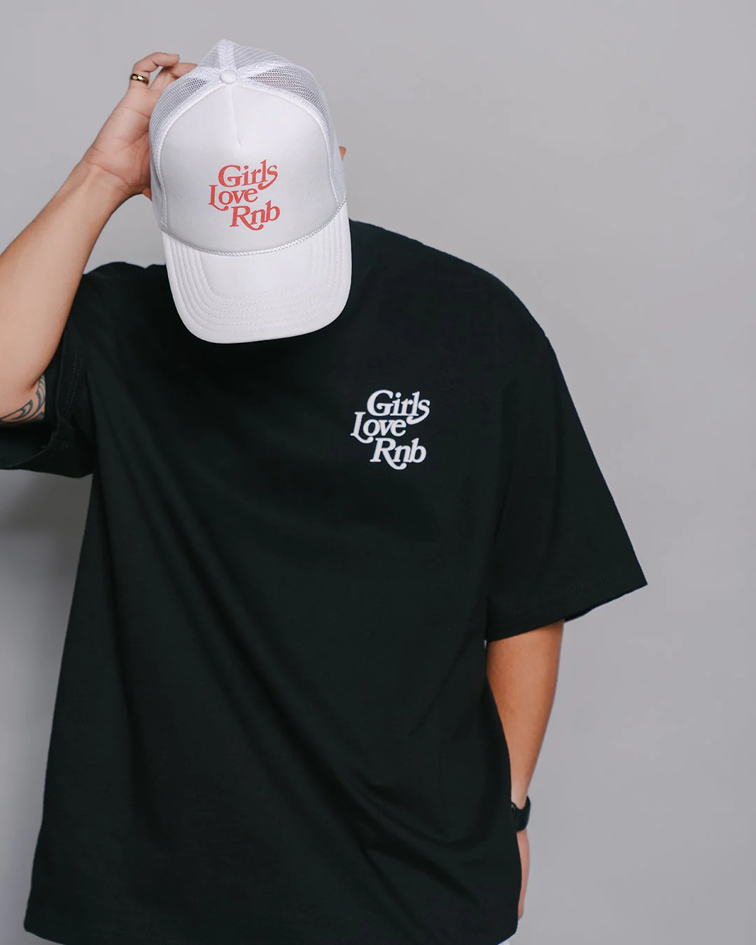 Girls Love Rnb White 5 Panel Trucker Hat - Image 3