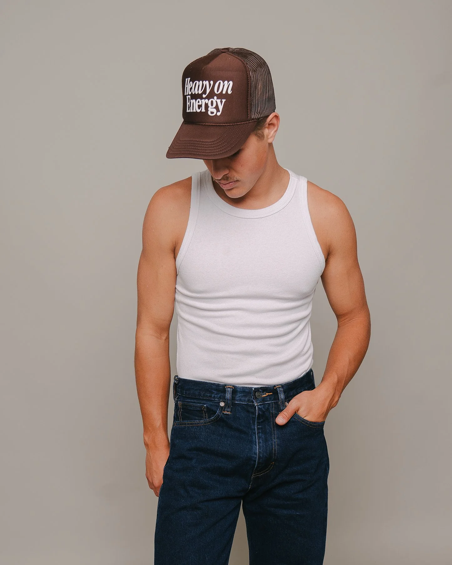 Heavy On Energy Brown 5 Panel Trucker Hat - Image 3