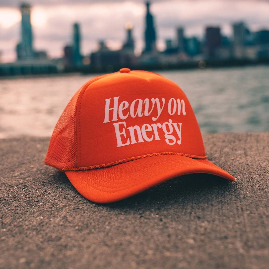 Heavy On Energy Orange 5 Panel Trucker Hat - Image 2