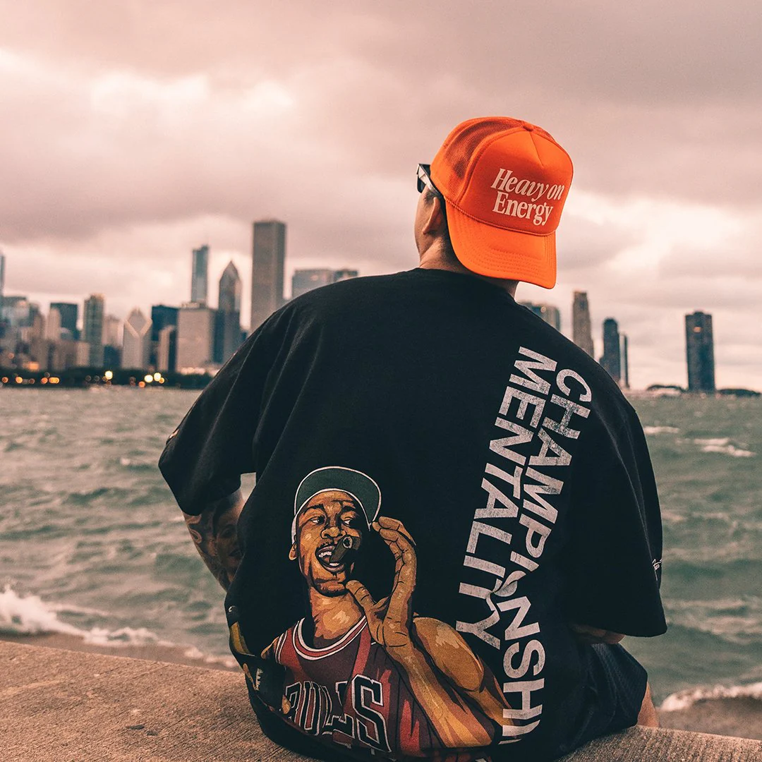 Heavy On Energy Orange 5 Panel Trucker Hat - Image 3