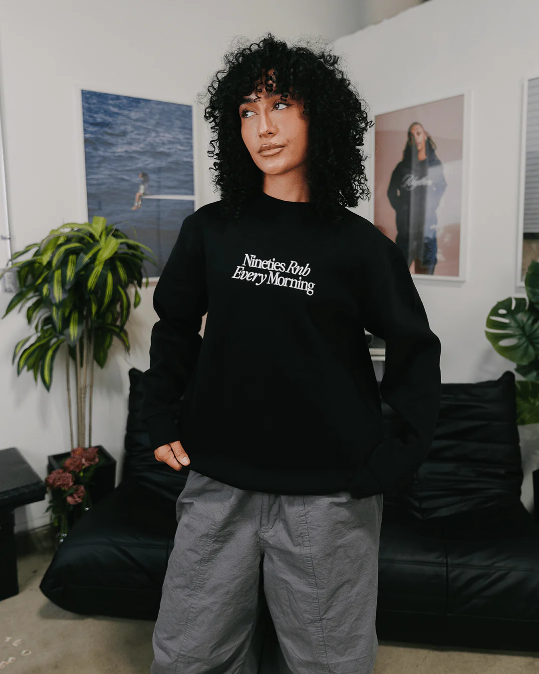 Nineties Rnb Every Morning Black Crewneck Sweatshirt (Embroidered) - Image 5