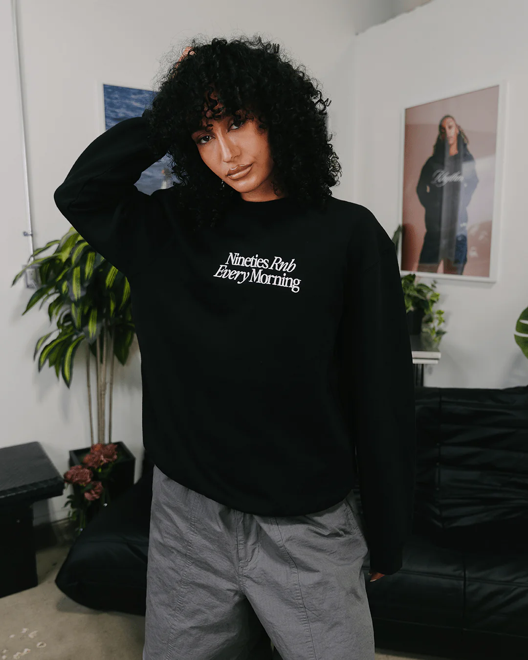 Nineties Rnb Every Morning Black Crewneck Sweatshirt (Embroidered) - Image 6