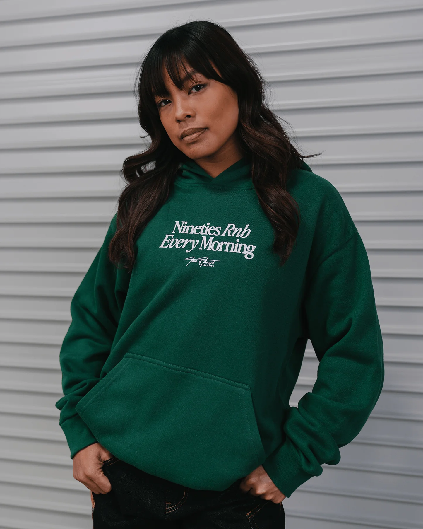 Nineties Rnb Every Morning Forest Green Hoodie - Image 3