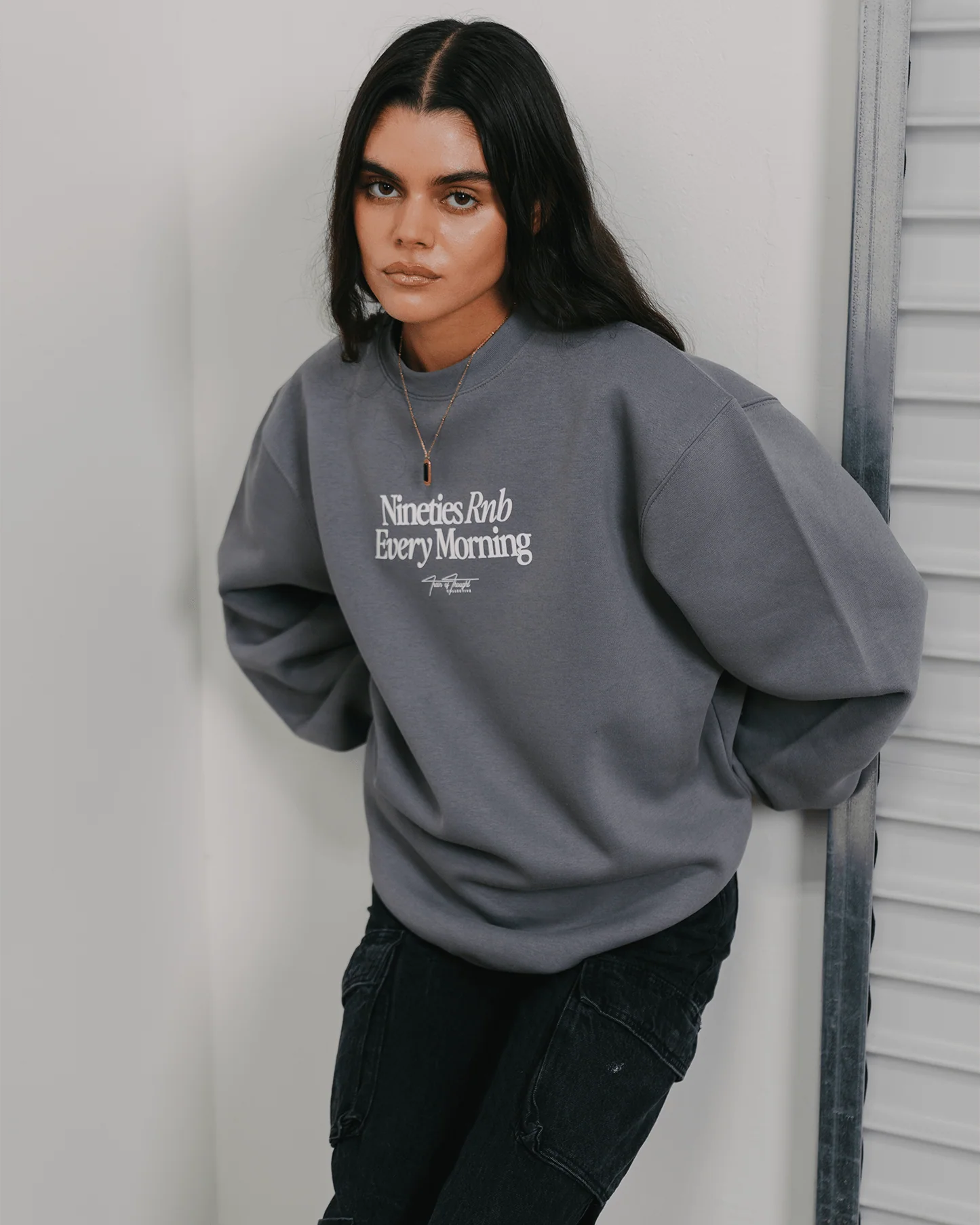 Nineties Rnb Every Morning Grey Crewneck Sweatshirt - Image 3