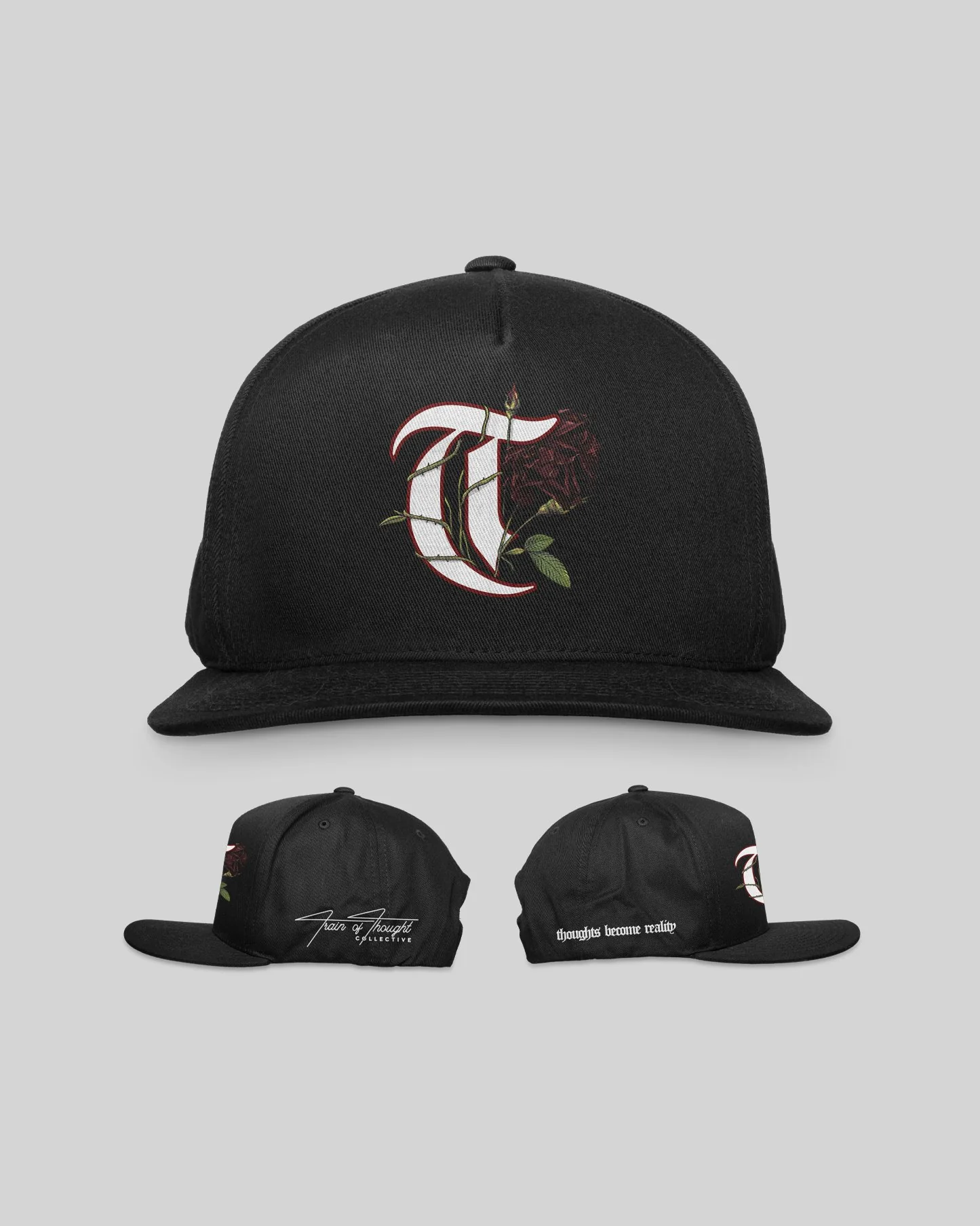 T-Rose 5 Panel Mid Profile Baseball Black Snapback